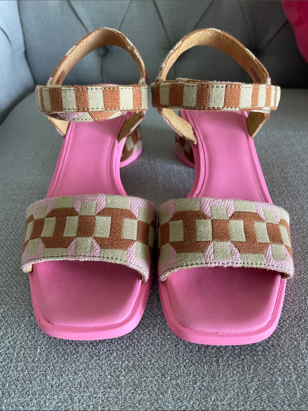 Camper Pink and Tan Patterned Strap Sandals. Excellent Condition.